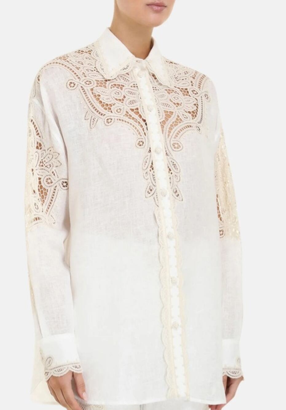 Zimmermann Ivory Cream Laurel Crochet Embellished Linen Shirt Womens 2 / US 8